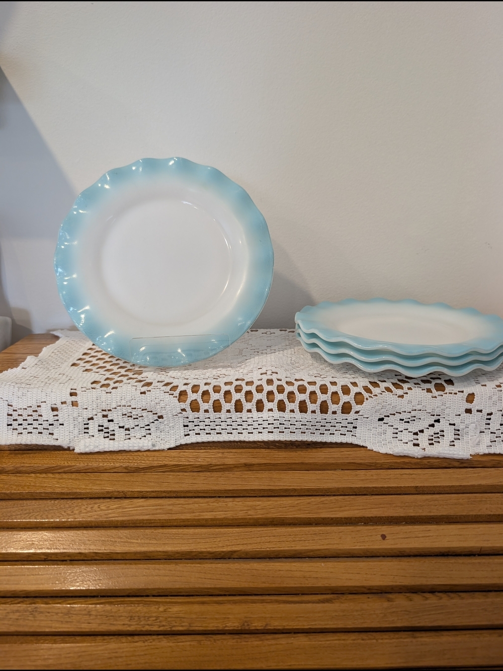 Hazel Atlas Crinoline Blue Plates – Set of 4 – Dessert or Bread – Scalloped Edge